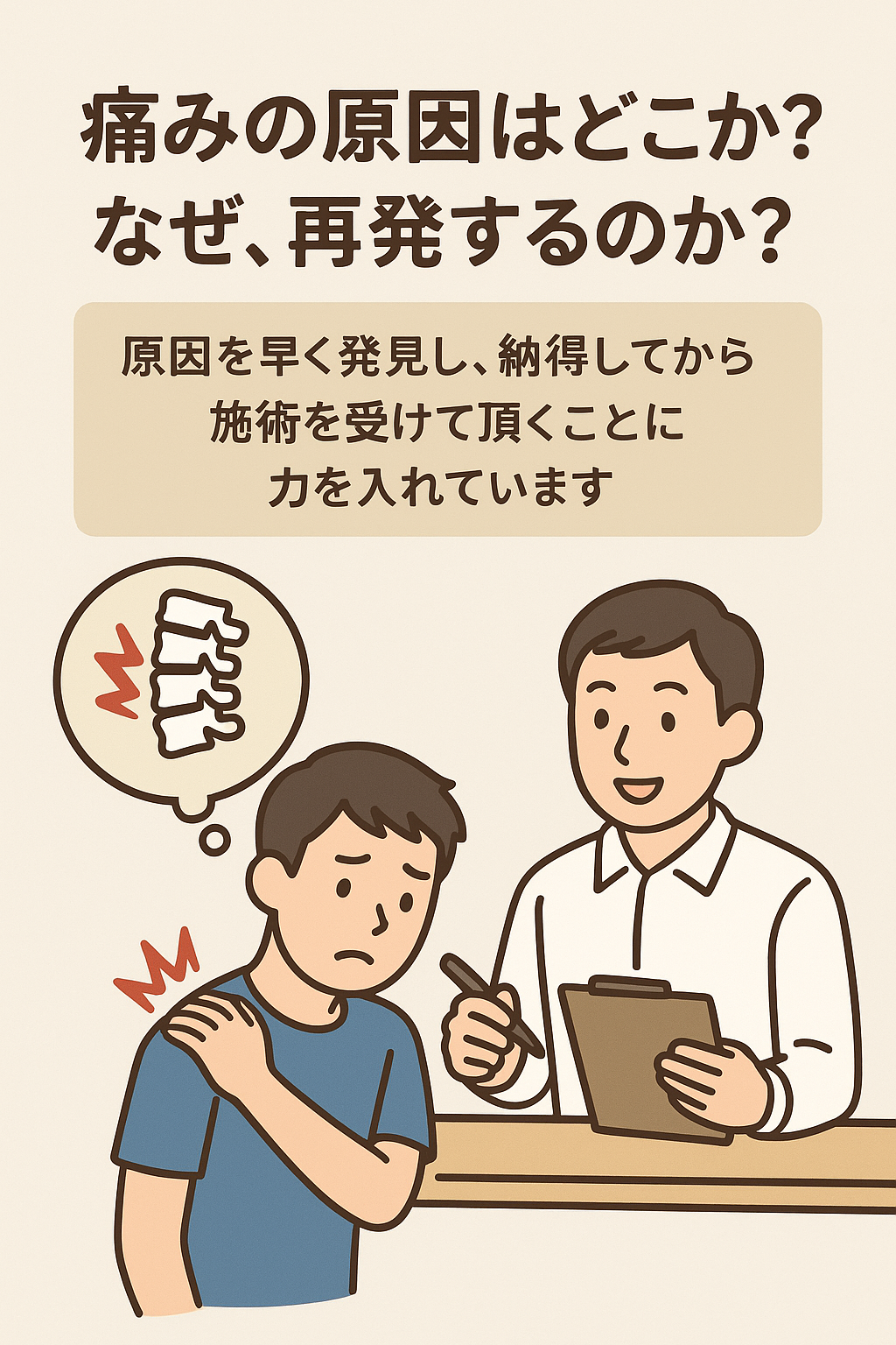 島本町のあかせ整骨院／鍼灸院 水無瀬院の柔道整復師によるカウンセリングで痛みの原因を検査している風景